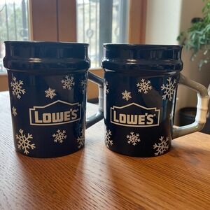 Lowes Bucket Snowflake Coffee Mug Set Collectors Winter Holiday Ceramic Pair NEW